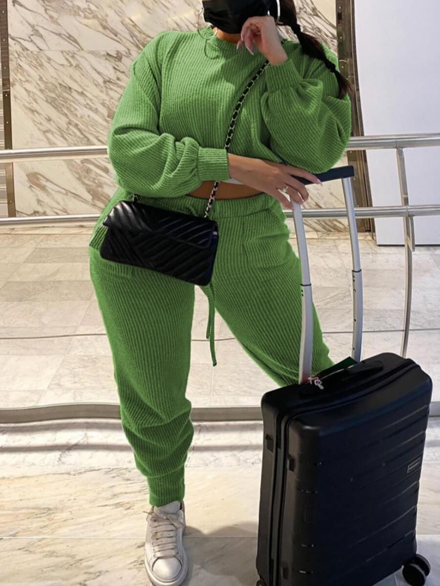 

Lovely Casual O Neck Long Sleeve Basic Green Two Piece Pants Set