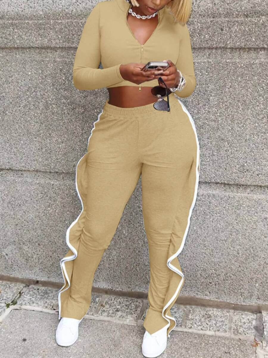

Lovely Sportswear Patchwork Zipper Design Khaki Two Piece Pants Set