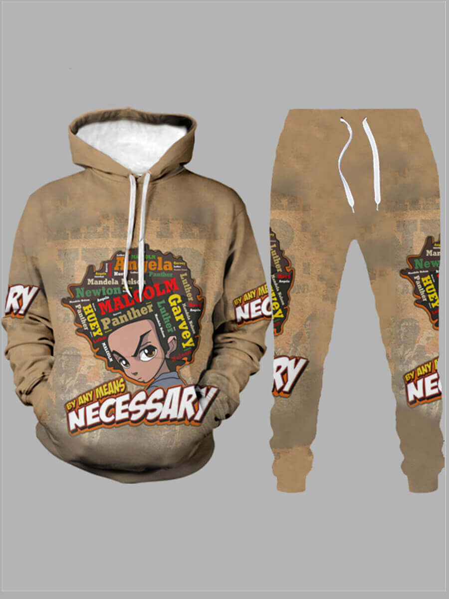 LW Men Casual Hooded Collar Print Tracksuit Set