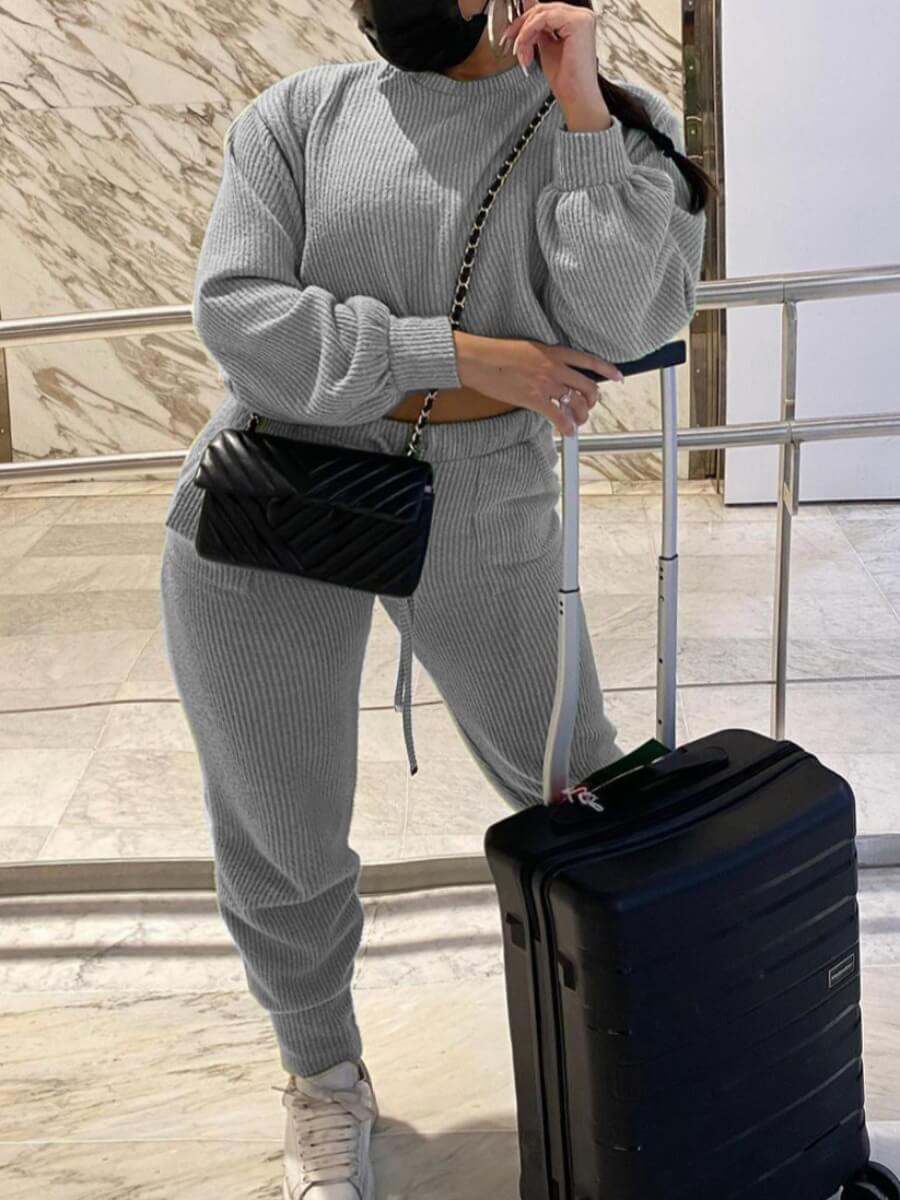 

Lovely Casual O Neck Basic Grey Two Piece Pants Set