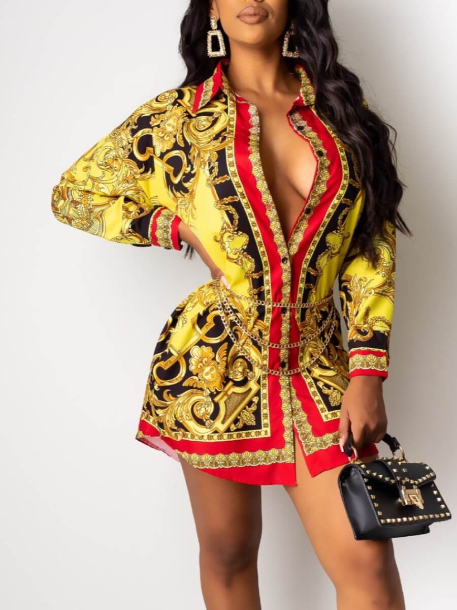 

Lovely Trendy Turndown Collar Chain Print Golden Yellow Mini Shirt Dress