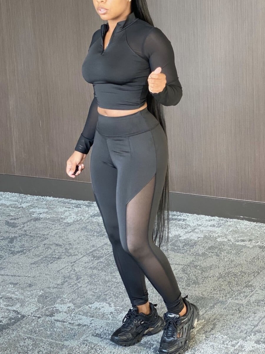 

Lovely Sportswear Mesh Stitching Black Two Piece Pants Set