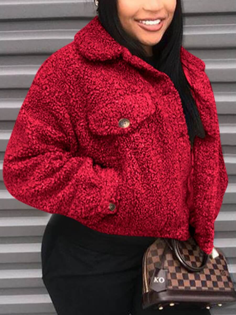 

Lovely Casual Turndown Collar Pocket Patched Red Faux Fur