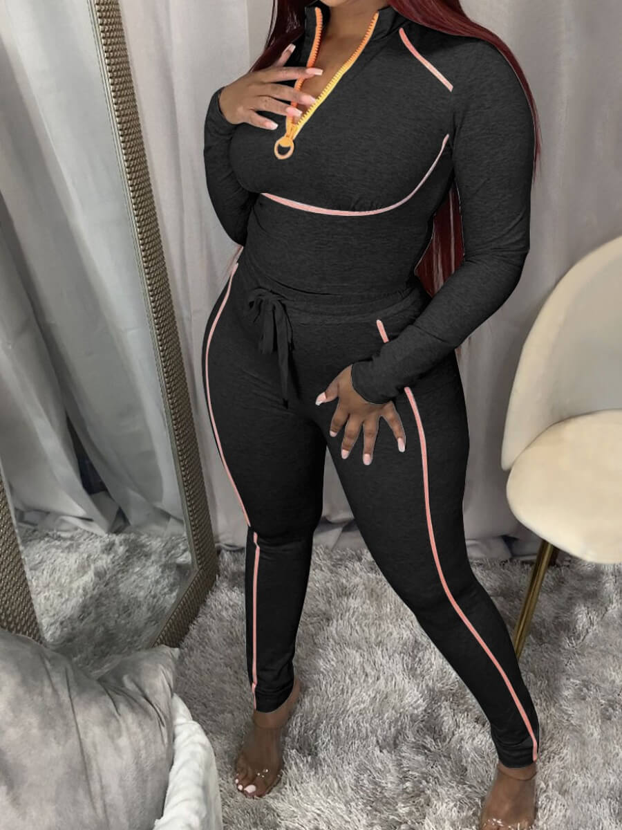 

Lovely Casual Drawstring Design Black Two Piece Pants Set