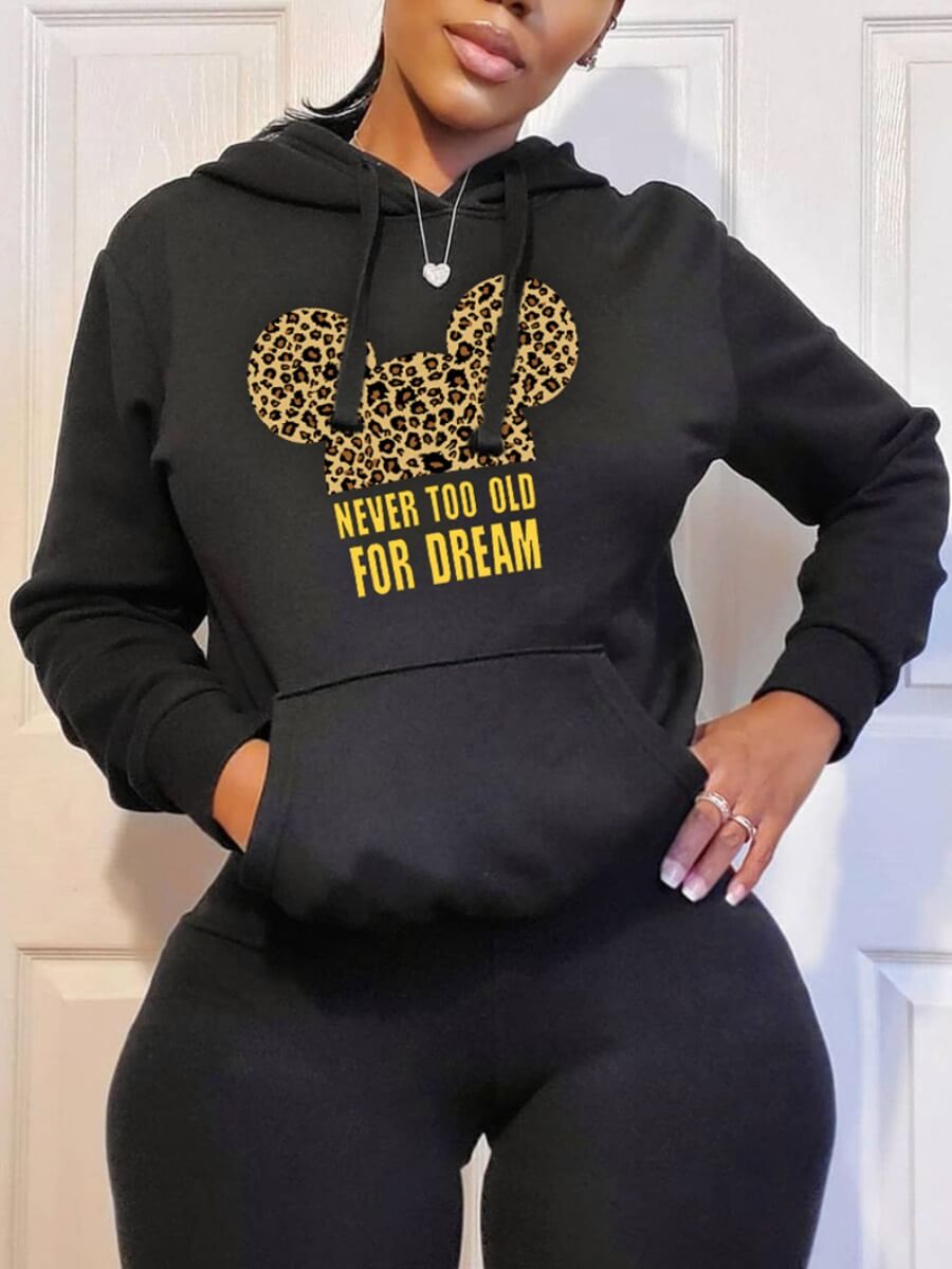 

Lovely Casual Hooded Collar Print Black Hoodie