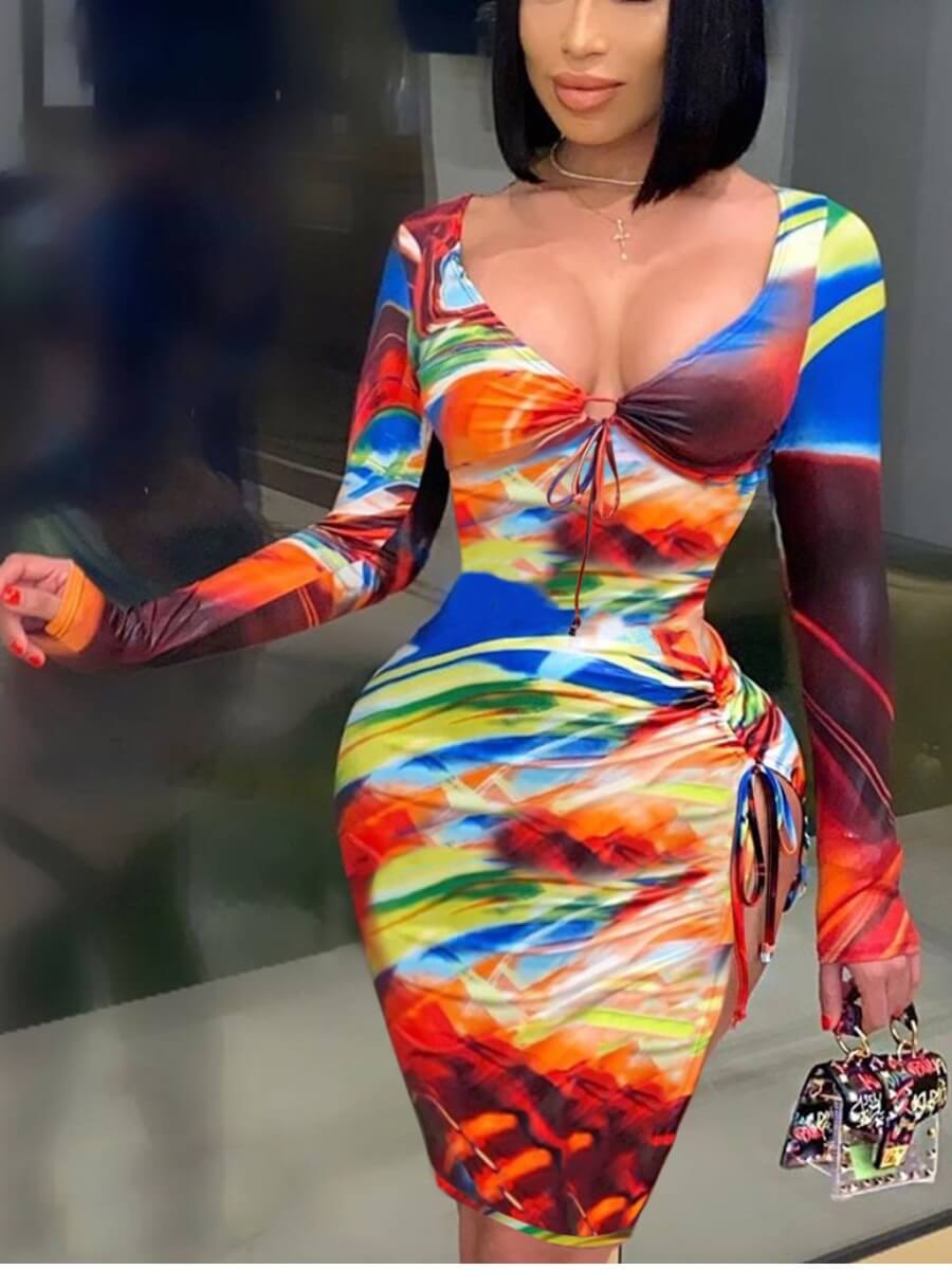 

Lovely Casual V Neck Lace-up Print Patchwork Multicolor Knee Length Dress, Multi