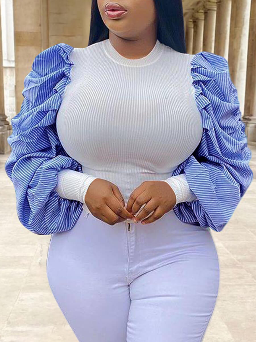 

Lovely Stylish O Neck Patchwork Blue Blouse