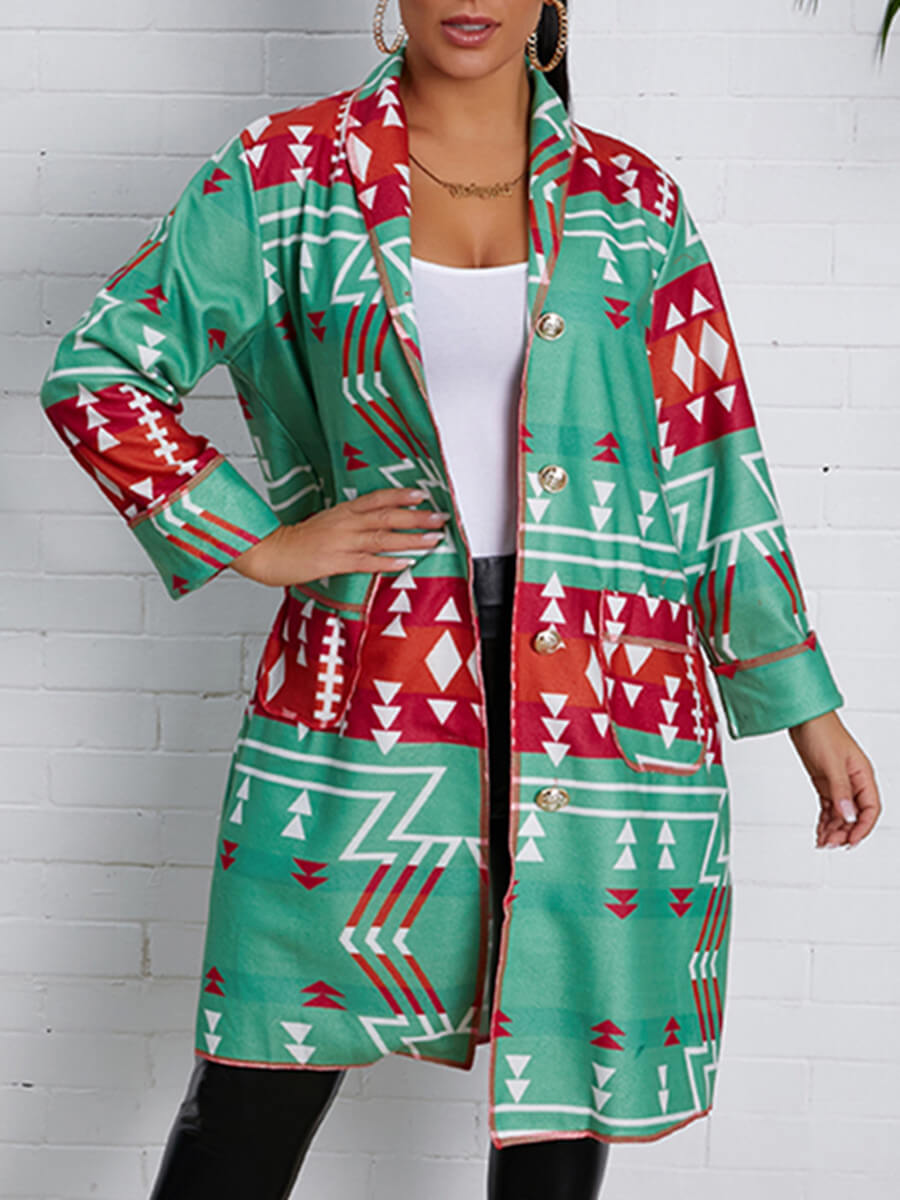 

Lovely Casual Turndown Collar Print Loose Green Coat