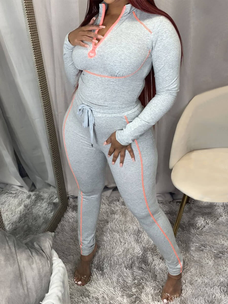 

LW Plus Size Mandarin Collar Long Sleeve Pants Set, Grey