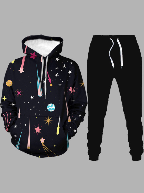 

lovely Chic Hooded Collar Starry Sky Print Black Men Two-piece Pants Set
