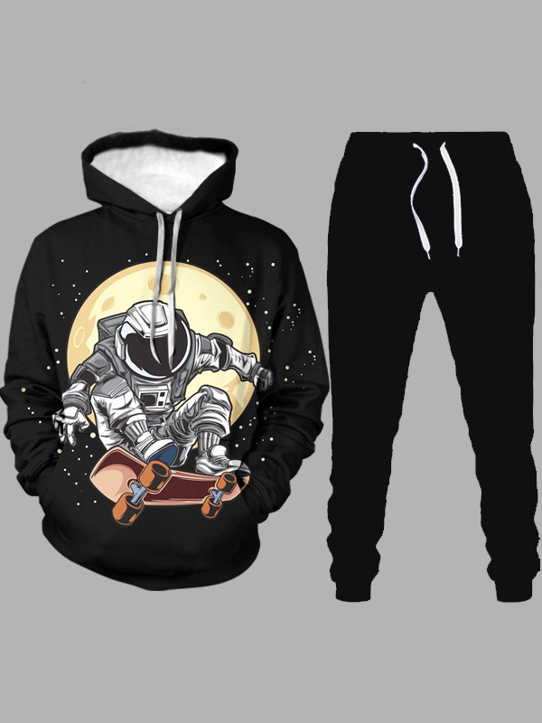 

lovely Chic Hooded Collar Print Black Men Two-piece Pants Set