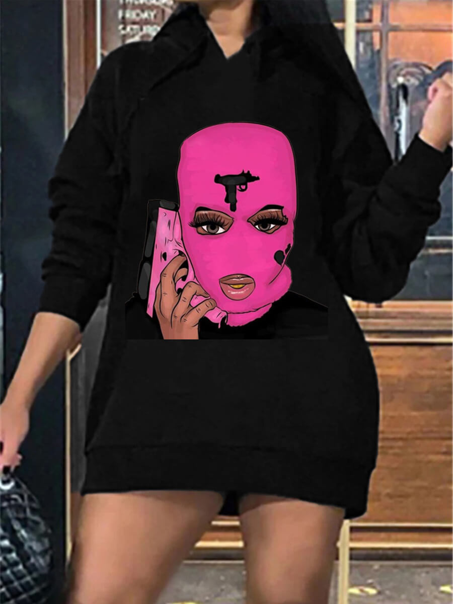 

Lovely Casual Hooded Collar Print Black Mini Dress