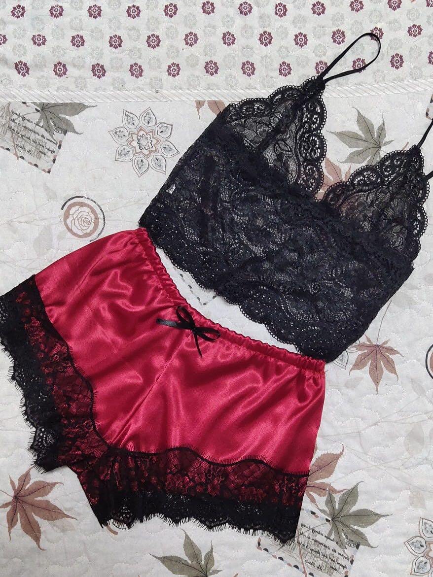 

Lovely Sexy Spaghetti Strap Lace See-through Wine Red Sleepwear