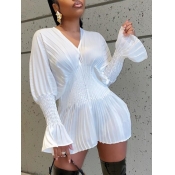 Lovely Stylish V Neck Fold Design White Mini Dress