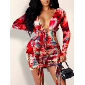 Lovely Stylish Tie-dye Fold Design Red Mini Dress
