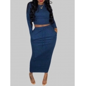 Lovely Casual O Neck Skinny Blue Plus Size Two-pie