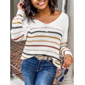 Lovely Trendy V Neck Striped White Sweater