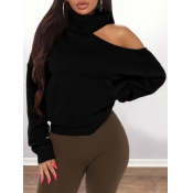 Lovely Casual Turtleneck Hollow-out Black Hoodie