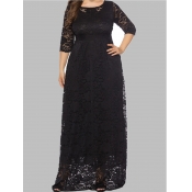 Lovely Sexy O Neck Lace See-through Black Maxi Dre