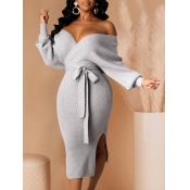 Lovely Trendy Backless Lace-up Grey Mid Calf Dress