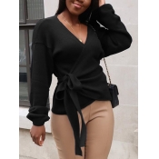 Lovely Sweet V Neck Lace-up Black Sweater