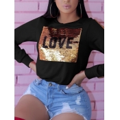 Lovely Trendy O Neck Letter Sequined Black T-shirt