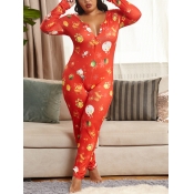 Lovely Plus Size Leisure Print Red One-piece Jumps