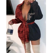 Lovely Street V Neck Grid Print Patchwork Red Mini