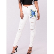 Lovely Stylish Print Hollow-out Skinny White Jeans