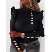 Lovely Stylish Turtleneck Buttons Design Black Swe
