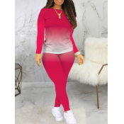LW Casual O Neck Gradient Print Rose Red Two Piece