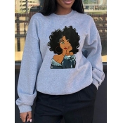 Lovely Casual O Neck Print Loose Grey Hoodie