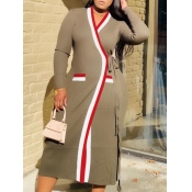 Lovely Casual V Neck Patchwork Lace-up Khaki Coat
