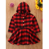 Lovely Sweet Hooded Collar Grid Print Girl Knee Le