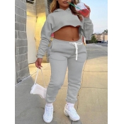 LW Casual Hooded Collar Crop Top Grey Two Piece Pa