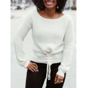 Lovely Leisure O Neck Bandage Design White Sweater