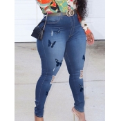 Lovely Casual Butterfly Embroidered Blue Plus Size