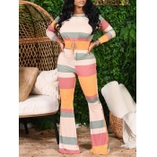 Lovely Leisure O Neck Rainbow Striped Multicolor O