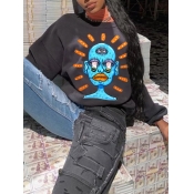 Lovely Casual O Neck Print Black Hoodie