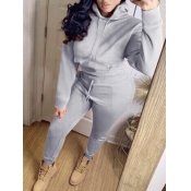 Lovely Casual Hooded Collar Basic Grey Two Piece P