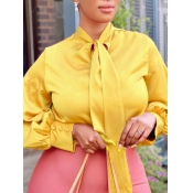 Lovely Trendy Lace-up Yellow Blouse