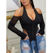 Lovely Sexy Deep V Neck Fold Design Black T-shirt