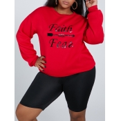 Lovely Casual O Neck Letter Print Red Plus Size Ho