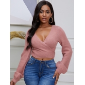 Lovely Stylish V Neck Cross-over Design Pink Sweat