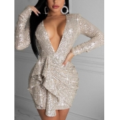 LW SXY Deep V Neck Flounce Design Silver Mini Dres