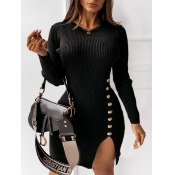 Lovely Casual O Neck Buttons Design Black Mini Dre