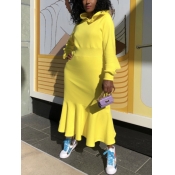 Lovely Casual Hooded Collar Flounce Design Yellow 