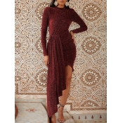 Lovely Party O Neck Flounce Design Wine Red Ankle 