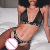 Lovely Sexy Letter See-through Black Bra Sets
