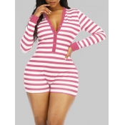 Lovely Sexy V Neck Striped Pink Plus Size One-piec